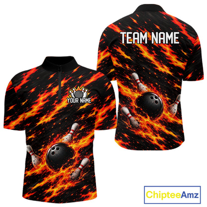 Black And Red Fire Bowling Shirt For Men Custom Flame Bowling Team Polo Quarter-Zip Shirt NYN4095