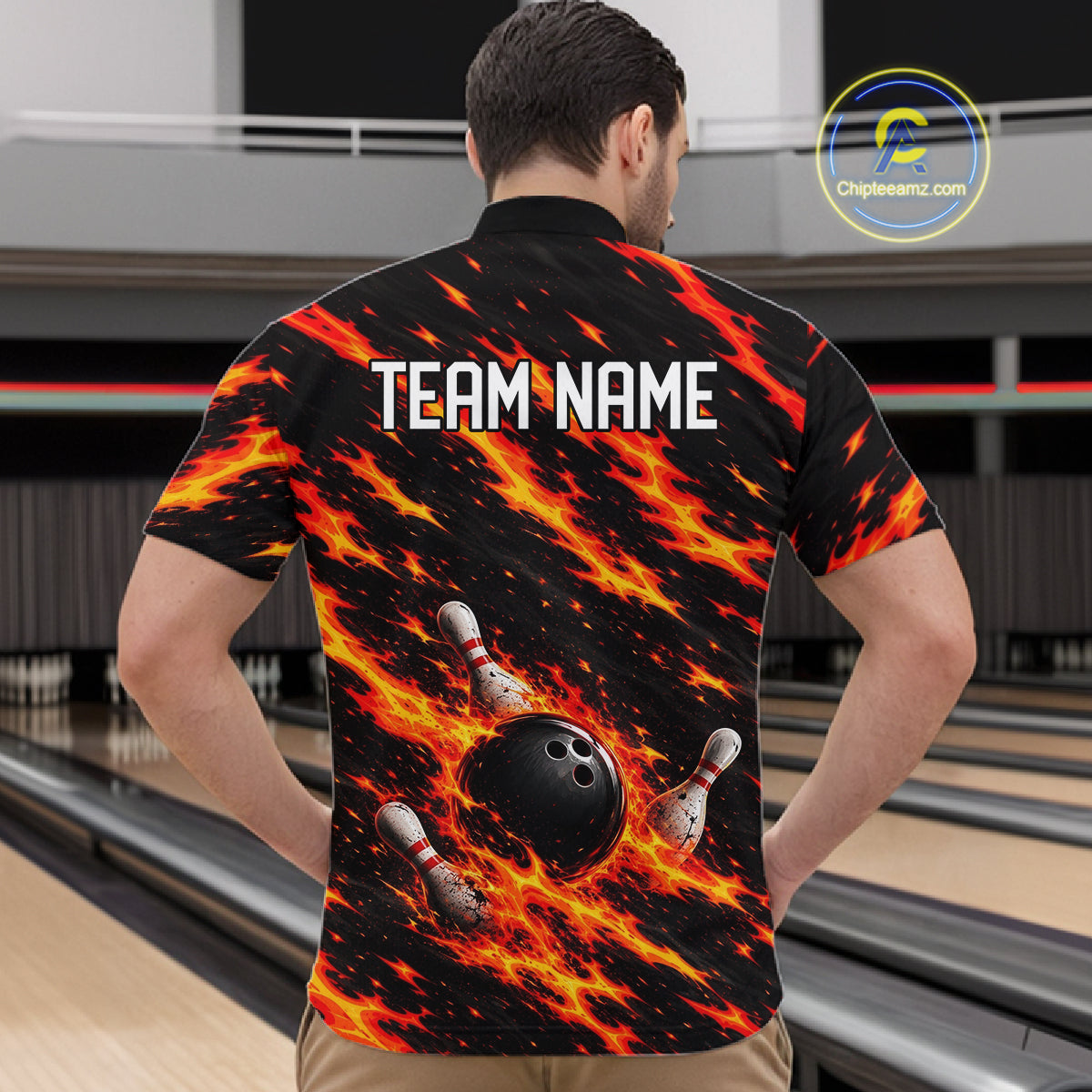 Black And Red Fire Bowling Shirt For Men Custom Flame Bowling Team Polo Quarter-Zip Shirt NYN4095