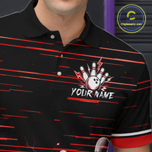 Load image into Gallery viewer, Red Horizontal Stripes Mens Bowling Shirt Personalized Thunder Lightning Team Bowling Jersey NYN3233