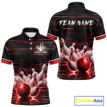 Load image into Gallery viewer, Red Horizontal Stripes Mens Bowling Shirt Personalized Thunder Lightning Team Bowling Jersey NYN3233