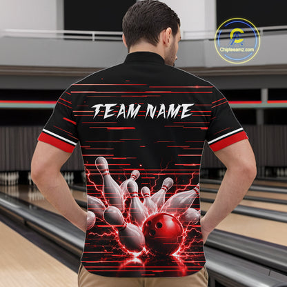 Red Horizontal Stripes Mens Bowling Shirt Personalized Thunder Lightning Team Bowling Jersey NYN3233