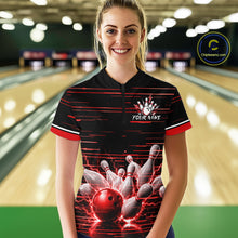 Load image into Gallery viewer, Red Horizontal Stripes Women Bowling Shirt Personalized Thunder Lightning Team Bowling Jersey NYN3233