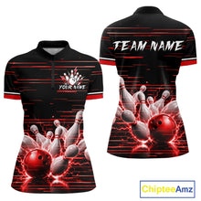 Load image into Gallery viewer, Red Horizontal Stripes Women Bowling Shirt Personalized Thunder Lightning Team Bowling Jersey NYN3233