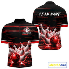 Load image into Gallery viewer, Red Horizontal Stripes Mens Bowling Shirt Personalized Thunder Lightning Team Bowling Jersey NYN3233