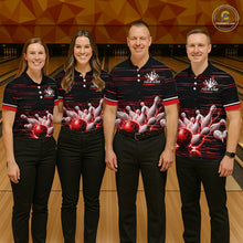 Load image into Gallery viewer, Red Horizontal Stripes Mens Bowling Shirt Personalized Thunder Lightning Team Bowling Jersey NYN3233