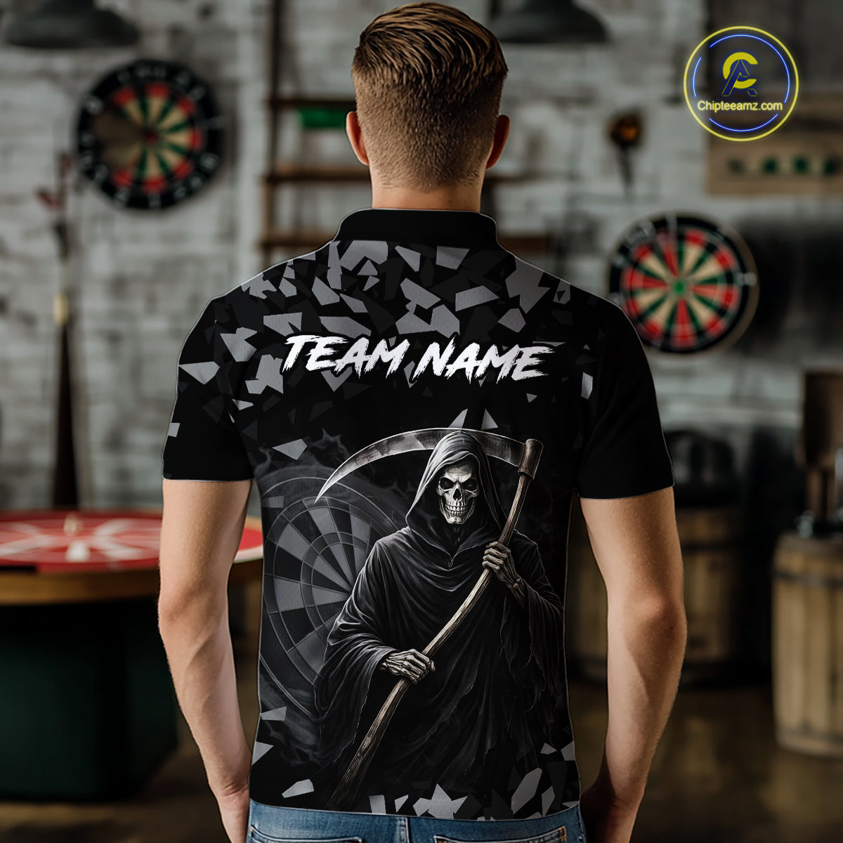 Grey Grim Reaper Smoke Dartboard Custom Grunge Men Darts Polo Shirt Darts Team Jersey NYN2718