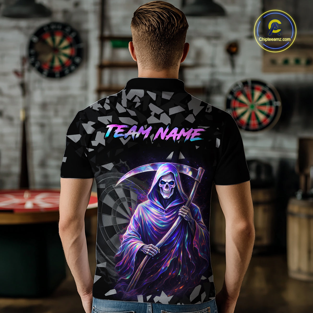 Holographic Grim Reaper Smoke Dartboard Custom Men Darts Polo Shirt Dart Team Jersey NYN2720