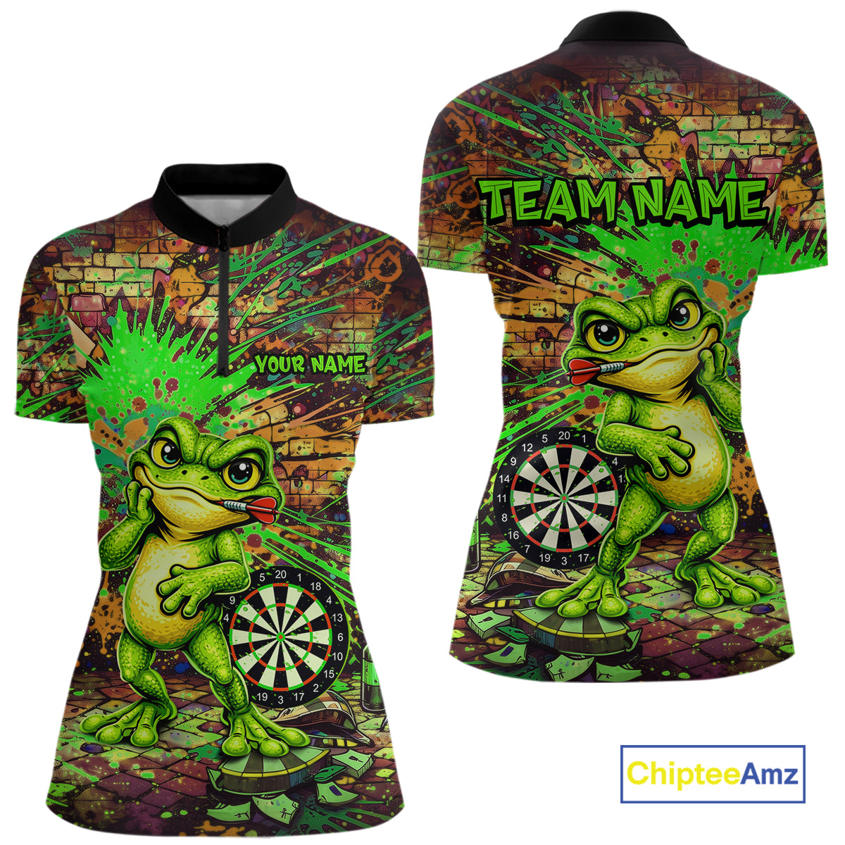 Personalized Funny Dart Shirt Cartoon Frog Dartboard Polo Quarter Zip Shirt Custom Team Shirt For Women NYN2858