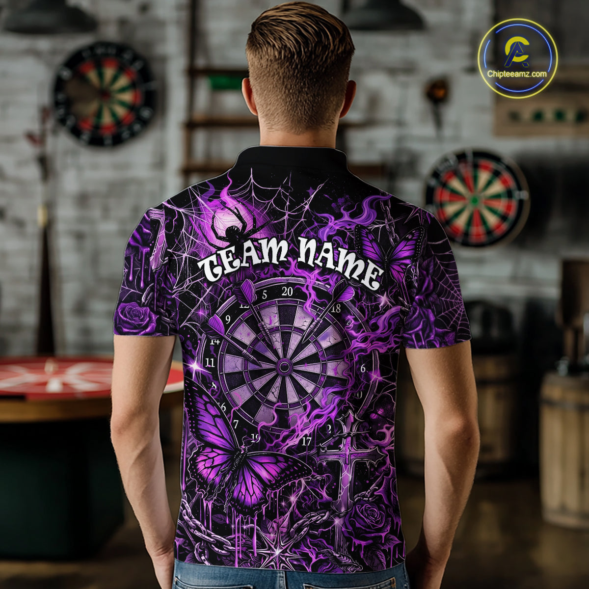 Custom Purple Skull Butterfly Mens Dart Shirts Spider Smoke Dartboard Darts Polo & 1/4-Zip Jerseys NYN3076