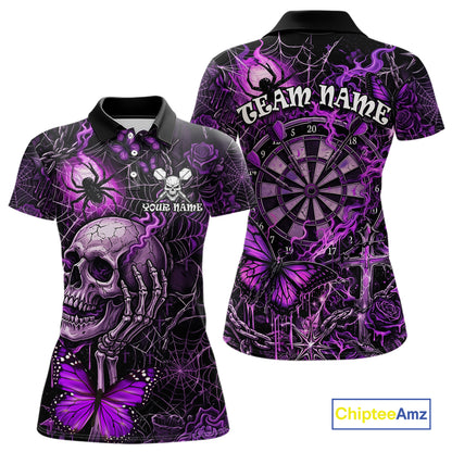 Custom Purple Skull Butterfly Women Dart Shirts Spider Smoke Dartboard Darts Polo & 1/4-Zip Jerseys NYN3076