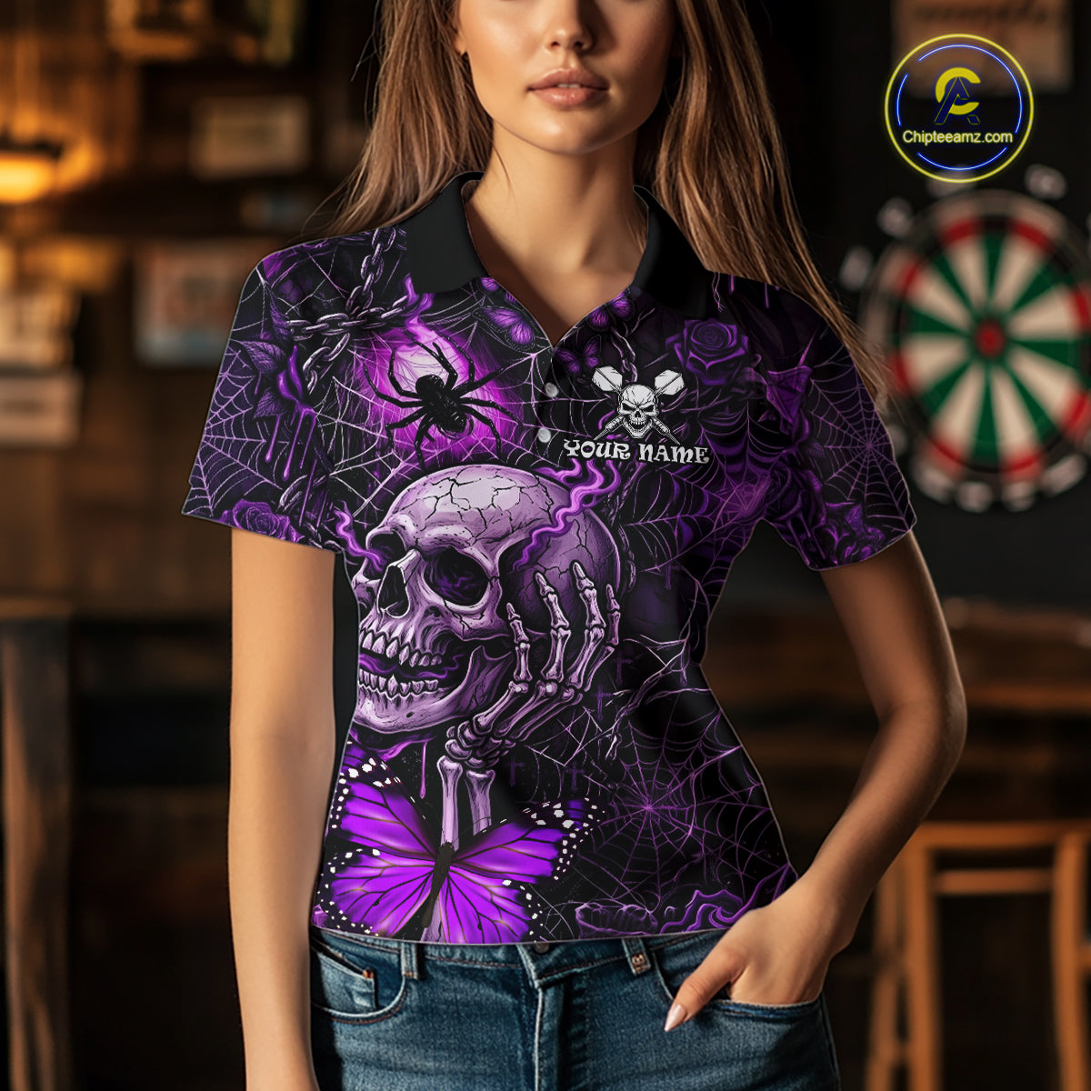 Custom Purple Skull Butterfly Women Dart Shirts Spider Smoke Dartboard Darts Polo & 1/4-Zip Jerseys NYN3076