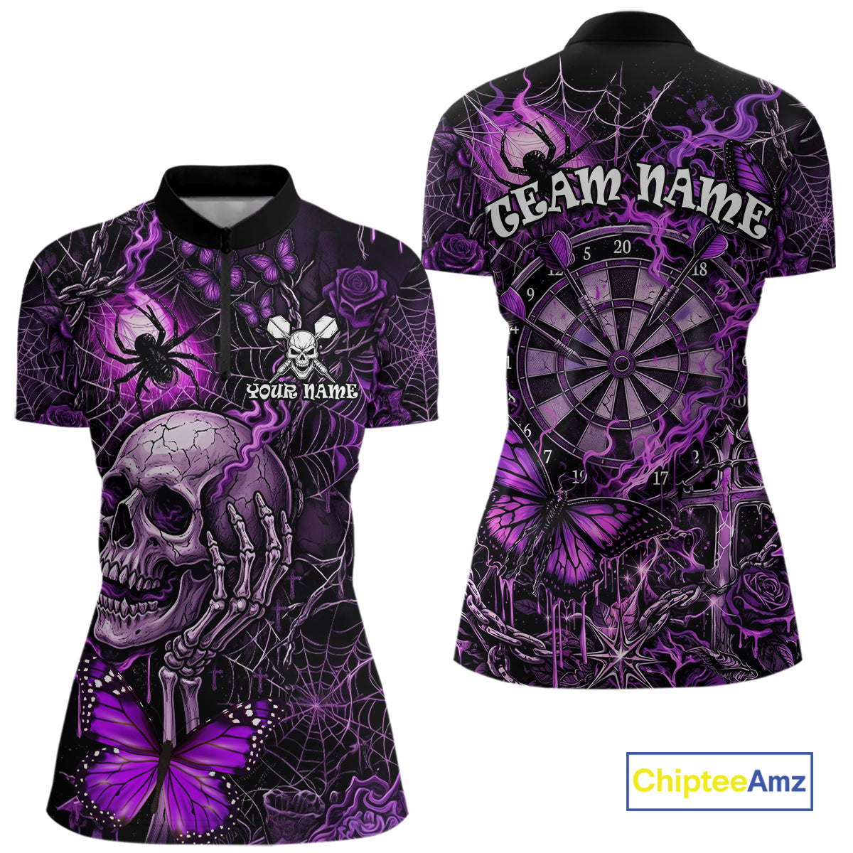 Custom Purple Skull Butterfly Women Dart Shirts Spider Smoke Dartboard Darts Polo & 1/4-Zip Jerseys NYN3076
