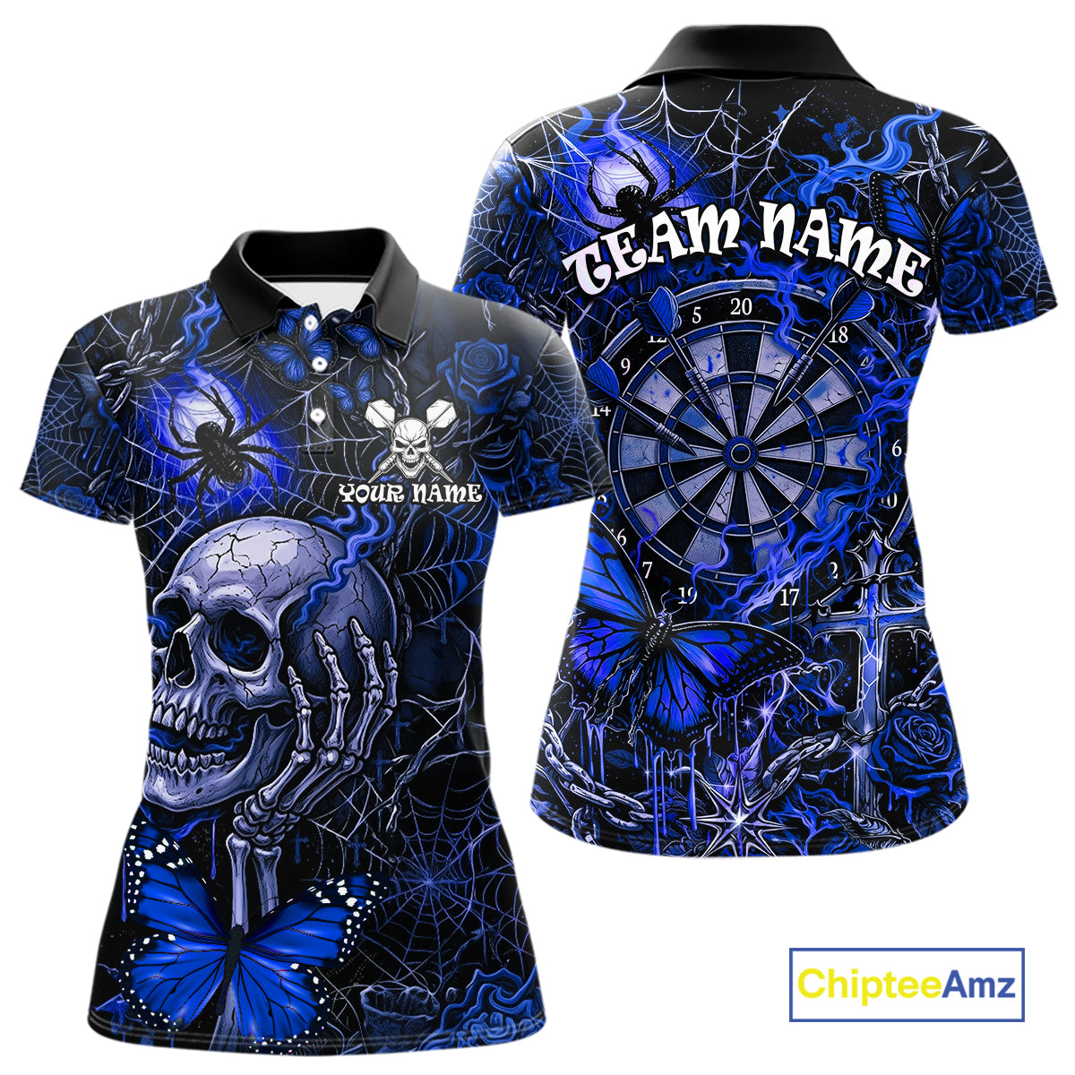 Custom Blue Skull Butterfly Women Dart Shirts Spider Smoke Dartboard Darts Polo & 1/4-Zip Jerseys NYN3077