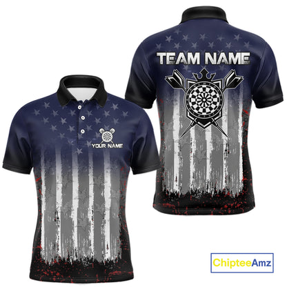 Gray, Blue And Red Grunge US Flag Darts Polo & 1/4-Zip Shirt Custom Patriotic Dart Jersey For Men NYN3081