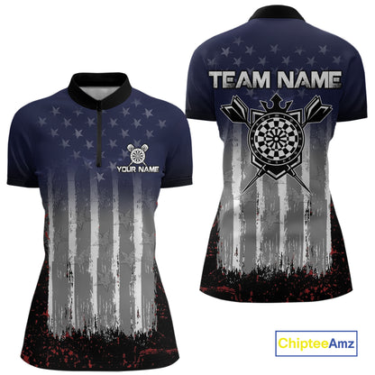 Gray, Blue And Red Grunge US Flag Darts Polo & 1/4-Zip Shirt Custom Patriotic Dart Jersey For Women NYN3081