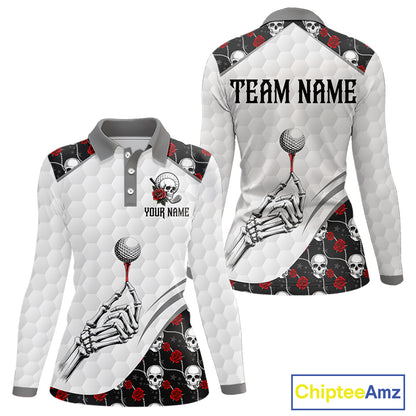 Red Roses Skull Pattern Golf Polo Shirts For Women Custom Bone Hand Golf Team Tournament NYN3254