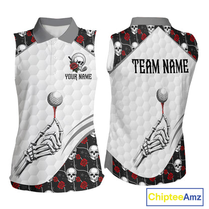 Red Roses Skull Pattern Golf Sleeveless Polo Shirts For Women Custom Bone Hand Golf Team Tournament NYN3254