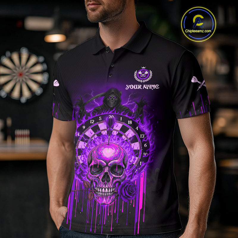 Custom Purple Flames Grim Reaper Dartboard Men Darts Polo Shirt Rose Skulls Darts Jersey NYN1976