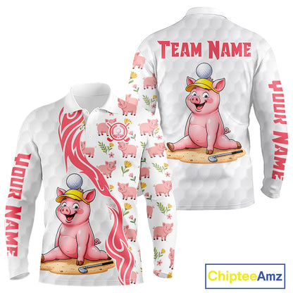 Pink and White Glitter Pig Men's Golf Polo Shirt mockup featuring glitter pig mascot, personalized golf apparel, custom golf team polo, country golf clothing.