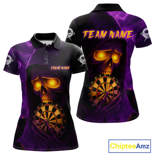 Custom Purple-Yellow Grim Reaper Halloween Women Dart Polo Shirt Dart Tournament Jersey NYN1449