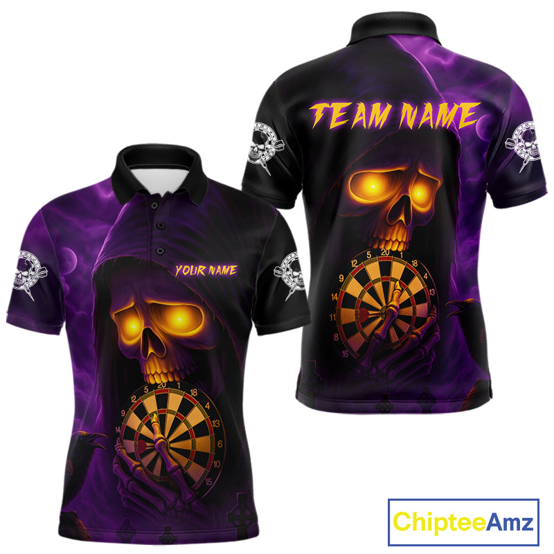 Custom Purple-Yellow Grim Reaper Halloween Men Dart Polo Shirt Dart Tournament Jersey NYN1449