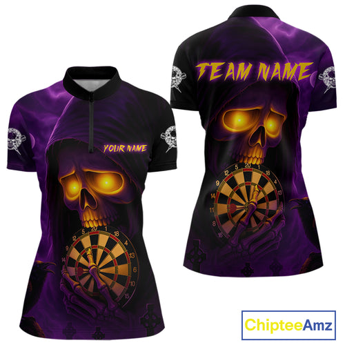 Custom Purple-Yellow Grim Reaper Halloween Women Dart 1/4-Zip Shirt Dart Tournament Jersey NYN1449