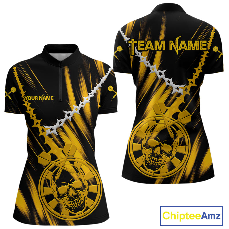 Custom White Chain Yellow Skull Dartboard Dart Women 1/4-Zip Jerseys Grunge Dart Shirt NYN1716