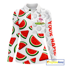 Load image into Gallery viewer, Tired Flamingo Watermelon Pattern Womens Golf Polo Shirts Custom Funny Golfing Flamingo Golf Shirts NYN2882