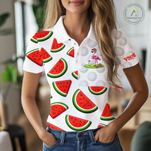 Load image into Gallery viewer, Tired Flamingo Watermelon Pattern Womens Golf Polo Shirts Custom Funny Golfing Flamingo Golf Shirts NYN2882