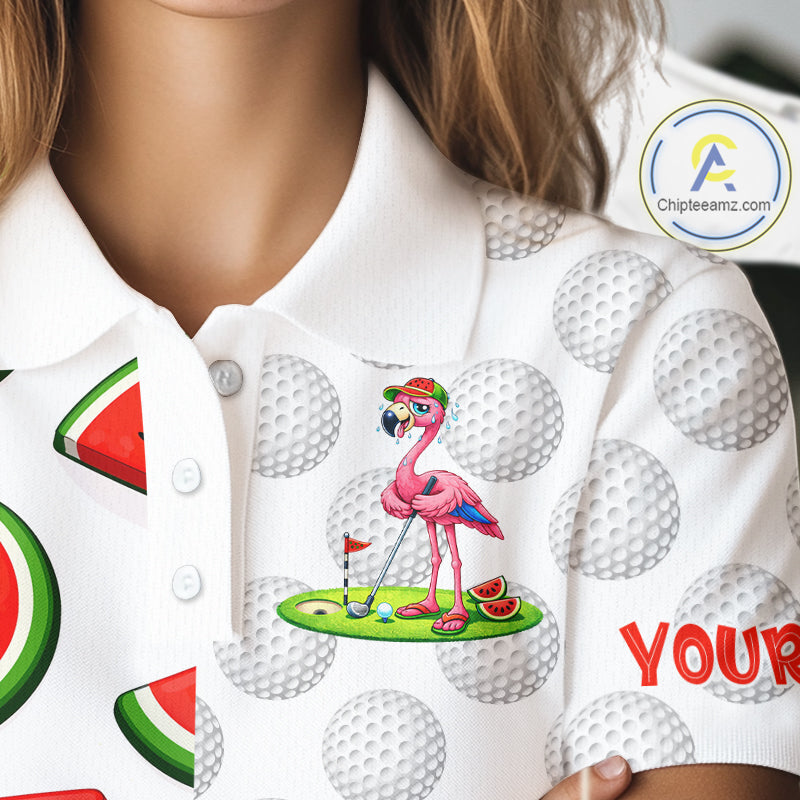 Tired Flamingo Watermelon Pattern Womens Golf Polo Shirts Custom Funny Golfing Flamingo Golf Shirts NYN2882
