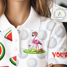 Load image into Gallery viewer, Tired Flamingo Watermelon Pattern Womens Golf Polo Shirts Custom Funny Golfing Flamingo Golf Shirts NYN2882