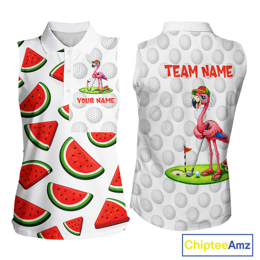 Tired Flamingo Watermelon Womens Sleeveless Golf Polo Shirts Custom Funny Golfing Flamingo Golf Shirts NYN2882