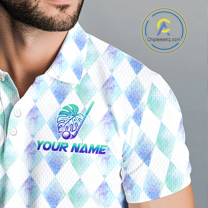 Funny Mens Golf Polo Shirt Holographic Argyle Monstera Golf Ball Personalized Raccoon Golf Shirts NYN3094