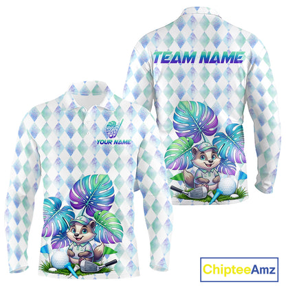 Funny Mens Golf Polo Shirt Holographic Argyle Monstera Golf Ball Personalized Raccoon Golf Shirts NYN3094