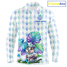 Load image into Gallery viewer, Funny Mens Golf Polo Shirt Holographic Argyle Monstera Golf Ball Personalized Raccoon Golf Shirts NYN3094