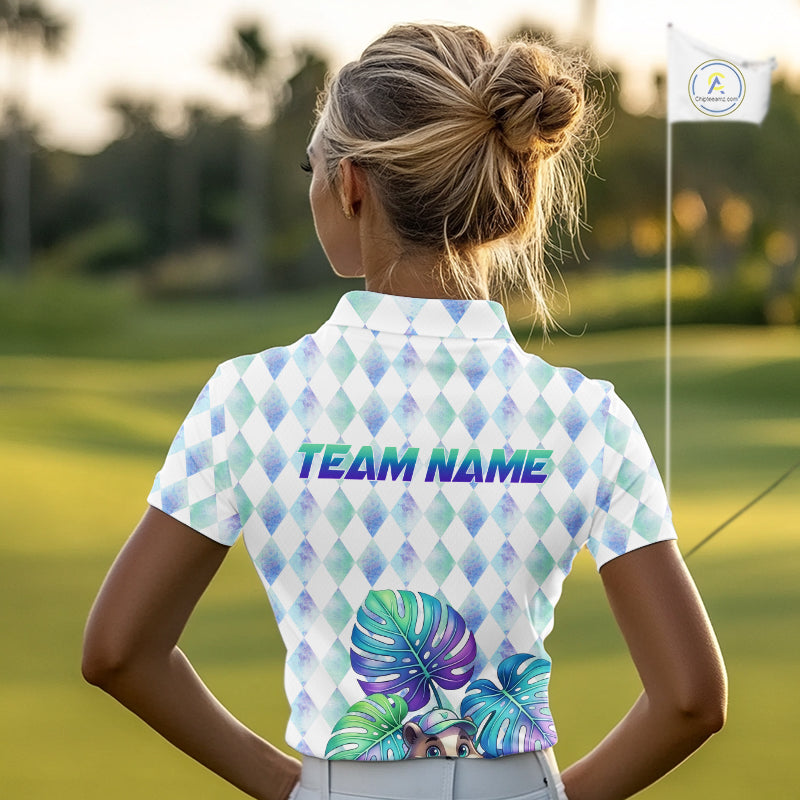 Funny Womens Golf Polo Shirt Holographic Argyle Monstera Golf Ball Personalized Raccoon Golf Shirts NYN3094