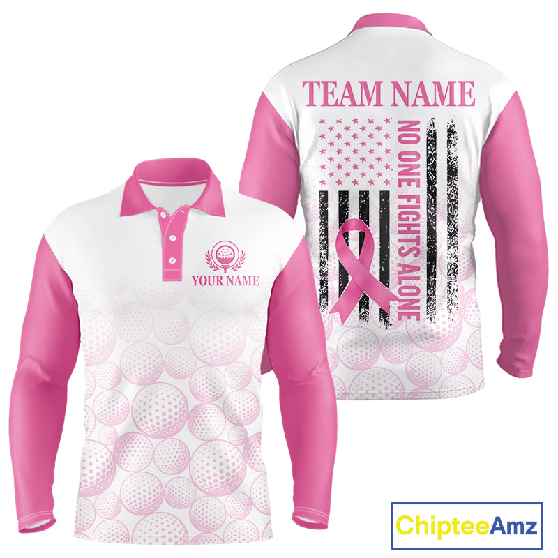 Pink Ribbon Breast Cancer Awareness Mens Polo Shirt Custom US Flag Patriotic Golf Shirt For Men NYN3099
