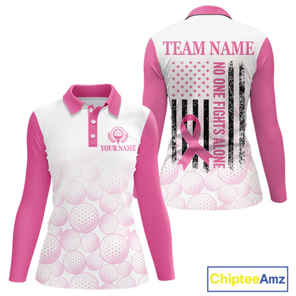 Pink Ribbon Breast Cancer Awareness Womens Polo Shirt Custom US Flag Patriotic Golf Shirt For Women NYN3099