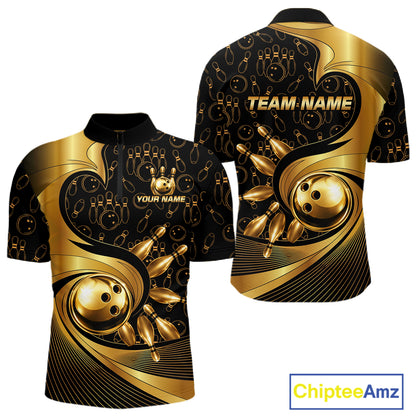 Black And Gold Strikes Bowling Ball & Pins Shirt For Men Custom Bowling Team Attire NYN3275