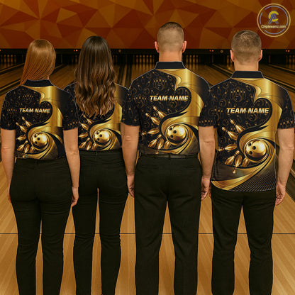 Black And Gold Strikes Bowling Ball & Pins Shirt For Men Custom Bowling Team Attire NYN3275