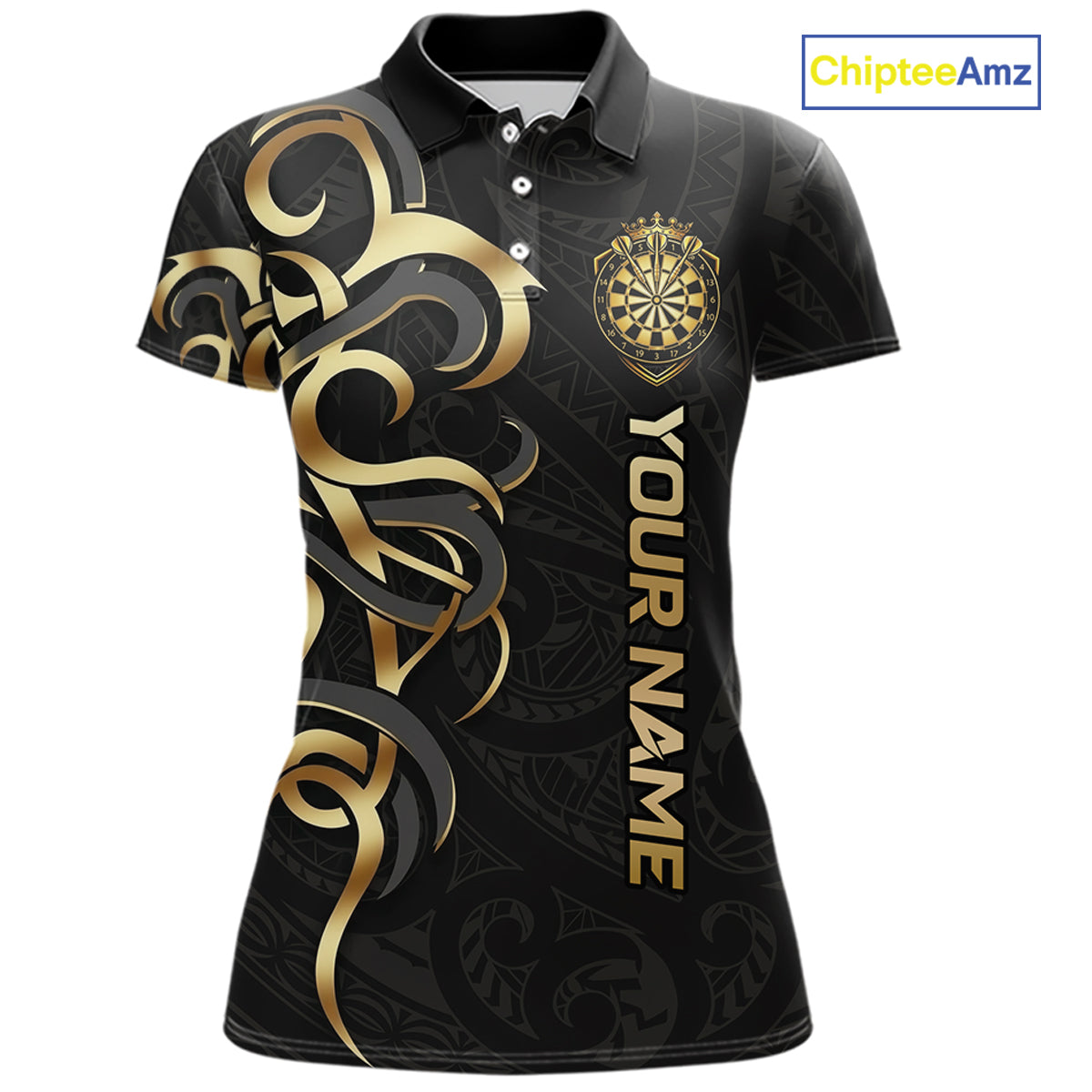 Custom Black And Gold Crown Dartboard Darts Women Polo 14-Zip Shirt, Polynesian Tribal Darts Attire NYN3119