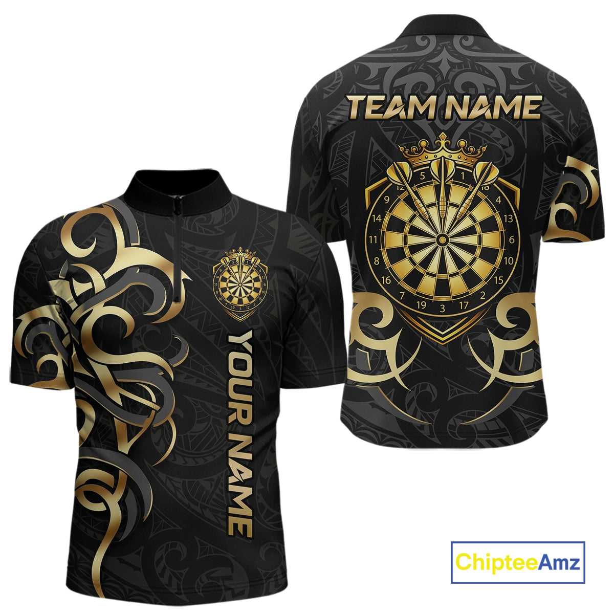 Custom Black And Gold Crown Dartboard Darts Men Polo 14-Zip Shirt, Polynesian Tribal Darts Attire NYN3119