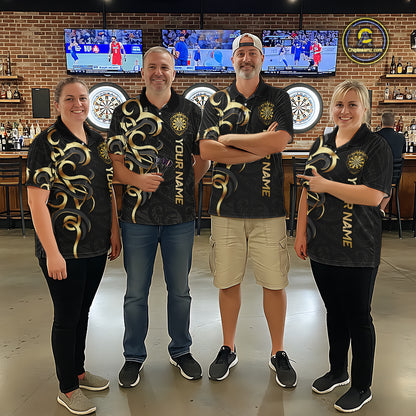 Custom Black And Gold Crown Dartboard Darts Women Polo 14-Zip Shirt, Polynesian Tribal Darts Attire NYN3119