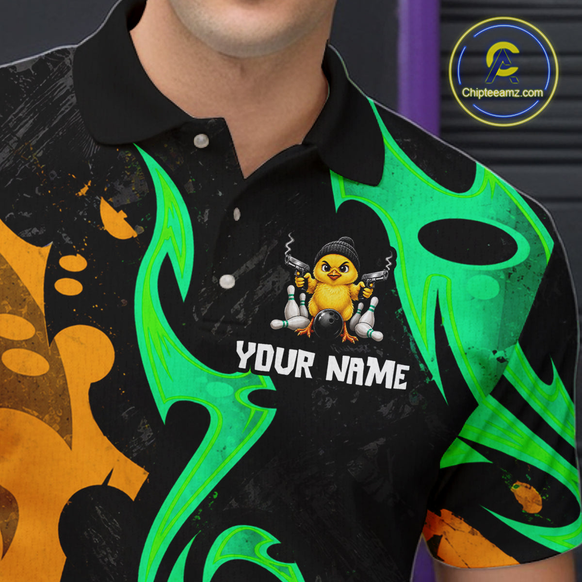 Funny Cute Duck Gun Men Bowling Shirt Custom Yellow & Green Grunge Bowling Team Attire NYN3280