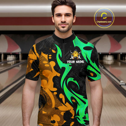 Funny Cute Duck Gun Men Bowling Shirt Custom Yellow & Green Grunge Bowling Team Attire NYN3280