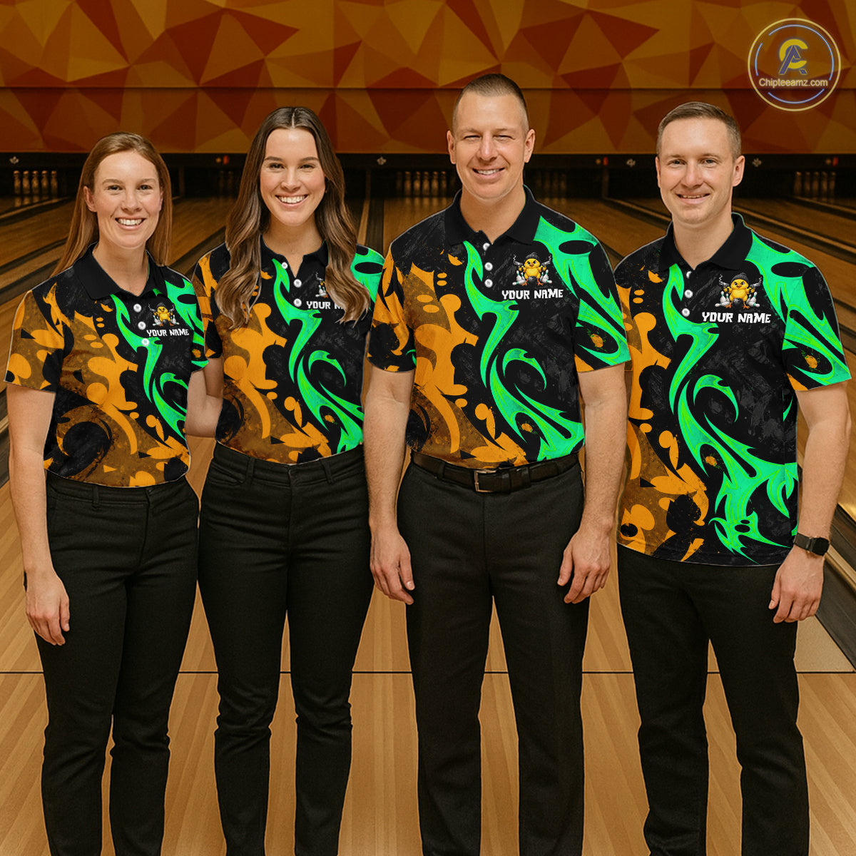 Funny Cute Duck Gun Men Bowling Shirt Custom Yellow & Green Grunge Bowling Team Attire NYN3280