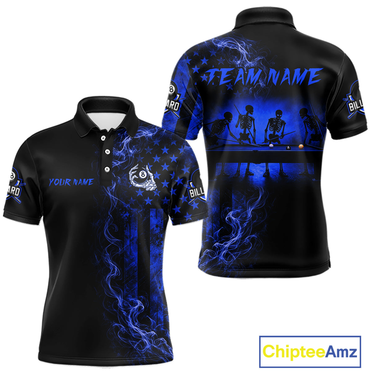 Blue smoke American flag 8 ball billiard polo shirt for men with skeleton graphic