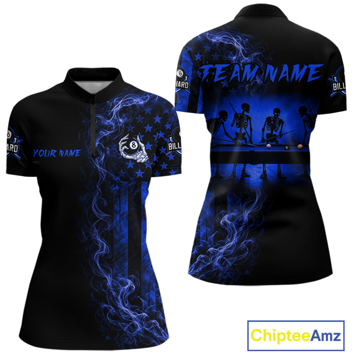 Blue smoke American flag 8 ball billiard quarter-zip shirt for women with skeleton graphic