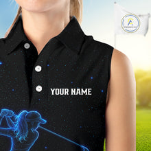Load image into Gallery viewer, Female golfer wearing personalized black galaxy blue golf polo shirt, custom golf clothing, couples golf outfit