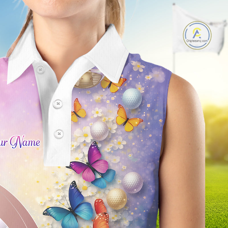 Colorful Butterfly Womens Sleeveless Golf Polo Shirt Custom Name Floral White Golf Ball Jerseys NYN2911